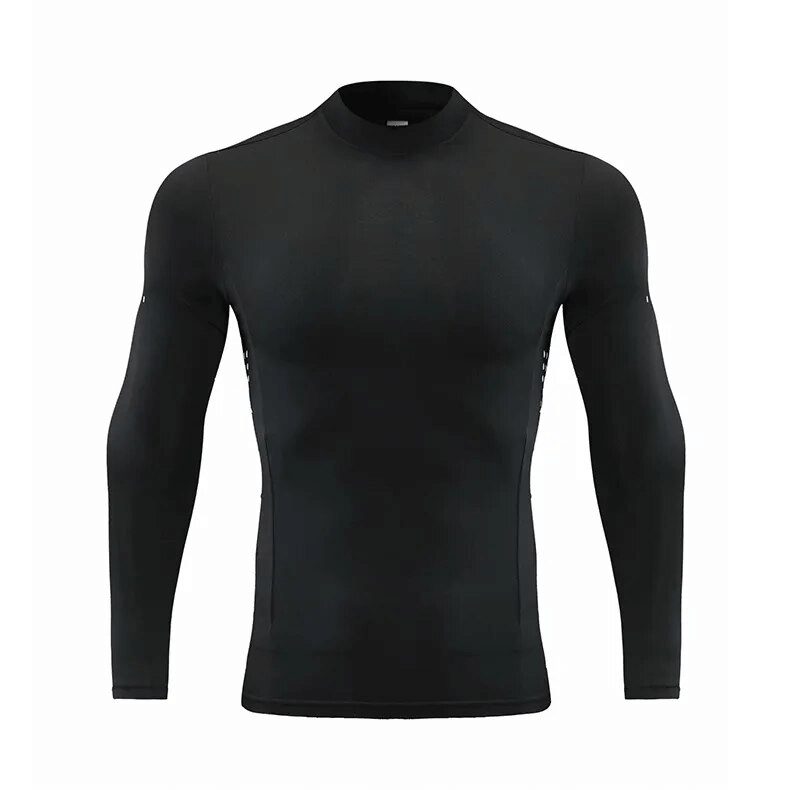 Black workout long sleeves top for men, compression fit, turtleneck collar, made from polyester and spandex, perfect for active wear.